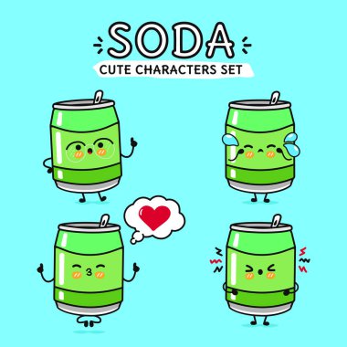 Komik, sevimli, mutlu Soda karakterleri seti. Vektör el çizimi karikatür karakter çizim simgesi tasarımı. İzole edilmiş mavi arka plan. Şirin Soda maskot karakter koleksiyonu