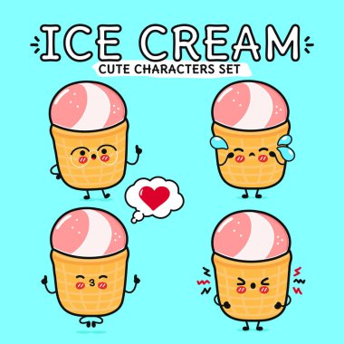 Komik, sevimli, mutlu dondurma karakterleri takımı. Vektör el çizimi karalama tarzı karakter çizim simgesi tasarımı. İzole edilmiş mavi arka plan. Şirin dondurma maskot karakter koleksiyonu
