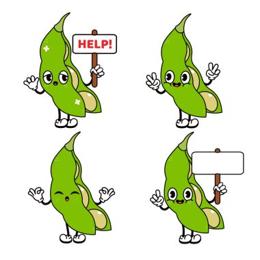 Komik mutlu Fasulye karakterleri seti. Vektör el çizimi karalama tarzı geleneksel çizgi film klasiği, retro karakter çizim ikonu tasarımı. İzole edilmiş beyaz arka plan. Fasulye maskotu karakteri