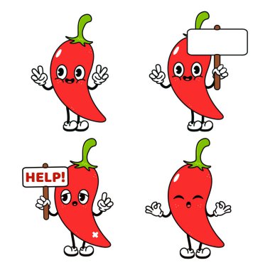 Komik mutlu biber karakterleri seti. Vektör el çizimi karalama tarzı geleneksel çizgi film klasiği, retro karakter çizim ikonu tasarımı. İzole edilmiş beyaz arka plan. Chili biber karakteri