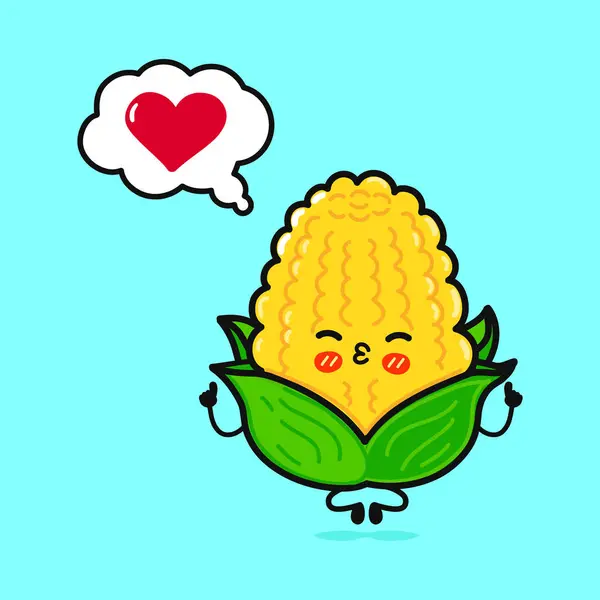 玉米做瑜伽与言语泡沫 矢量手绘卡通人物插图图标 孤立的蓝色背景 爱情中的玉米性格概念 免版税图库矢量图片
