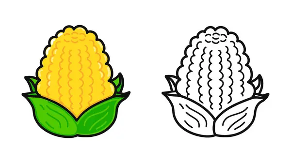Lustige Süße Happy Corn Charaktere Bündel Set Vector Handgezeichnete Karikatur Vektorgrafiken