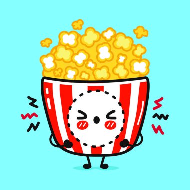 Kızgın Patlamış Mısır karakteri. Vektör el çizimi çizgi film kawaii karakter çizimi simgesi. Mavi arka planda izole edilmiş. Üzücü Popcorn karakteri kavramı