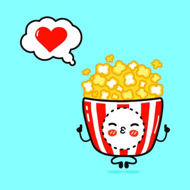Patlamış mısır konuşma baloncuğuyla yoga yapıyor. Vektör el çizimi çizgi film kawaii karakter çizimi simgesi. İzole edilmiş mavi arka plan. Aşk karakteri kavramında patlamış mısır