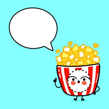 Konuşma balonlu patlamış mısır. Vektör el çizimi çizgi film kawaii karakter çizimi simgesi. Mavi arka planda izole edilmiş. Patlamış mısır karakteri kavramı