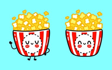 Patlamış mısır karakteri. Vektör el çizimi çizgi film kawaii karakter çizimi simgesi. Mavi arka planda izole edilmiş. Patlamış mısır karakteri kavramı