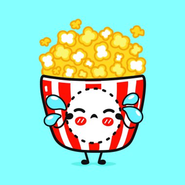 Ağlayan Patlamış Mısır karakteri. Vektör el çizimi çizgi film kawaii karakter çizimi simgesi. Mavi arka planda izole edilmiş. Üzücü Popcorn karakteri kavramı