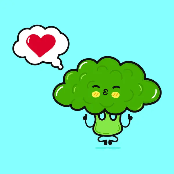花椰菜做瑜伽与言语泡沫 矢量手绘卡通人物插图图标 孤立的蓝色背景 恋爱中的花椰菜性格概念 图库矢量图片