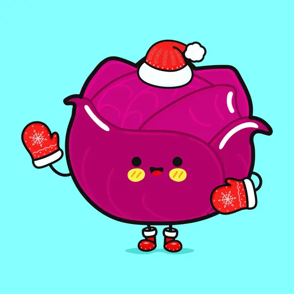 楽しい笑顔の幸せな赤キャベツクリスマス帽子 ベクターフラット漫画キャラクターイラストアイコンデザイン 隔離された青い背景 ストックイラスト