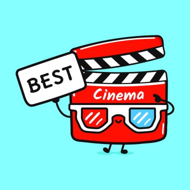 Posterli komik film alkışları. Vektör el çizimi çizgi film kawaii karakter çizimi simgesi. Mavi arka planda izole edilmiş. Happy Movie alkışlayıcı düşünce konsepti