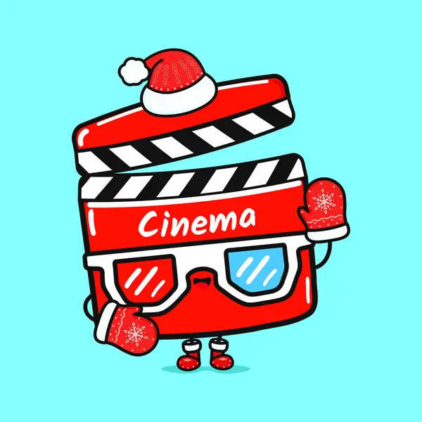 Komik Gülümseyen Mutlu Film Alkışlayıcı Noel Şapkası Vektör Düz Çizgi Telifsiz Stok Vektörler