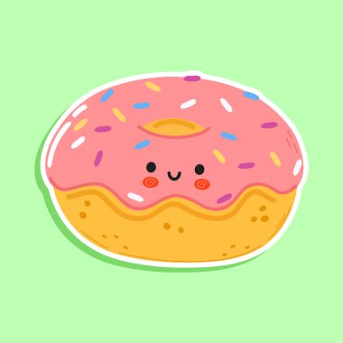 Tatlı komik çıkartmalı çörek karakteri. Vektör el çizimi çizgi film kawaii karakter çizimi simgesi. Yeşil arka planda izole edilmiş. Mutlu Çörek karakter konsepti