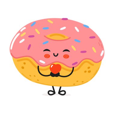 Sevimli komik çörek, elinde bir kalp tutuyor. Vektör el çizimi çizgi film kawaii karakter çizimi simgesi. Beyaz arka planda izole edilmiş. Karakter konseptinde Mutlu Çörekler