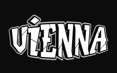 Viyana dilinde tuhaf psikedelik graffiti tarzı harfler. Vektör el çizimi karikatür logosu Viyana illüstrasyonu. Komik garip mektuplar, moda, tişört için graffiti tarzı baskı, poster.
