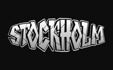 Stockholm sözcüğü, psikedelik graffiti tarzı mektuplar. Vektör el çizimi karikatür logosu Stockholm illüstrasyonu. Komik garip mektuplar, moda, tişört için graffiti tarzı baskı, poster.
