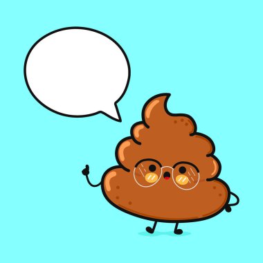 Konuşma baloncuklu pislik. Vektör el çizimi çizgi film kawaii karakter çizimi simgesi. Mavi arka planda izole edilmiş. Çikolata dışkısı karakter kavramı