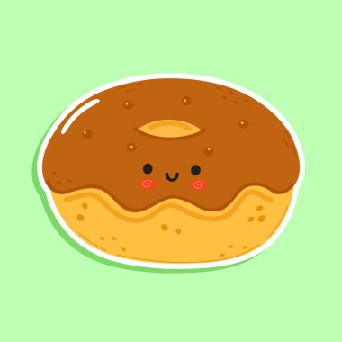 Tatlı komik çıkartmalı çörek karakteri. Vektör el çizimi çizgi film kawaii karakter çizimi simgesi. Yeşil arka planda izole edilmiş. Mutlu Çörek karakter konsepti