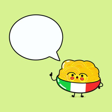 Konuşma baloncuklu şirin bir spagetti tabağı. Vektör el çizimi çizgi film kawaii karakter çizimi simgesi. Yeşil arka planda izole edilmiş. Mutlu Spagetti karakter konsepti