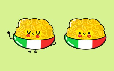 Tatlı komik spagetti tabağı karakteri. Vektör el çizimi çizgi film kawaii karakter çizimi simgesi. Yeşil arka planda izole edilmiş. Mutlu Spagetti Tabağı karakter konsepti