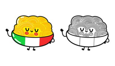 Sevimli komik spagetti tabağı boyama kitabı için çizgi film çizimi. Vektör el, geleneksel çizgi film klasiği, retro, kawaii karakteri çizdi. İzole edilmiş beyaz arkaplan