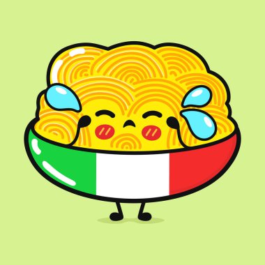 Ağlayan Spagetti Tabağı karakteri. Vektör el çizimi çizgi film kawaii karakter çizimi simgesi. Yeşil arka planda izole edilmiş. Üzgün Spagetti Tabağı karakter konsepti