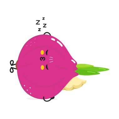 Uyuyan soğan karakteri. Vektör el çizimi çizgi film kawaii karakter çizimi simgesi. Beyaz arka planda izole edilmiş. Soğan uykusu karakter kavramı