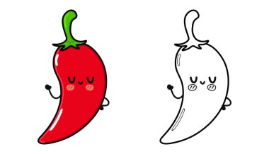 Sevimli komik Chili biberi karakteri boyama kitabı için çizgi film çizimi. Vektör el çizimi Chili biberi geleneksel çizgi film klasiği, retro, kawaii karakteri. İzole edilmiş beyaz arkaplan