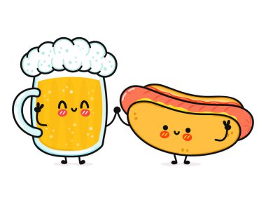 Sevimli, neşeli bir bardak bira ve sosisli sandviç. Vektör el çizimi çizgi film kawaii karakterleri, illüstrasyon simgesi. Komik bir bardak bira ve sosisli maskot arkadaş konsepti.