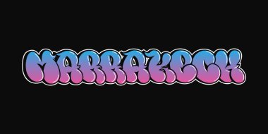 Marakeş - tek kelime, graffiti tarzı harfler. Vektör el logosu çizilmiş. Komik havalı kelime Marakeş Şehri, moda, graffiti tarzı baskı tişörtü, poster konsepti