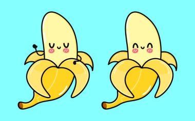 Muz karakteri. Vektör el çizimi çizgi film kawaii karakter çizimi simgesi. Mavi arka planda izole edilmiş. Muz karakteri kavramı