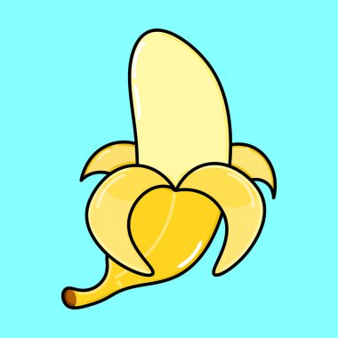 Muz karakteri. Vektör el çizimi çizgi film kawaii karakter çizimi simgesi. Mavi arka planda izole edilmiş. Muz karakteri kavramı