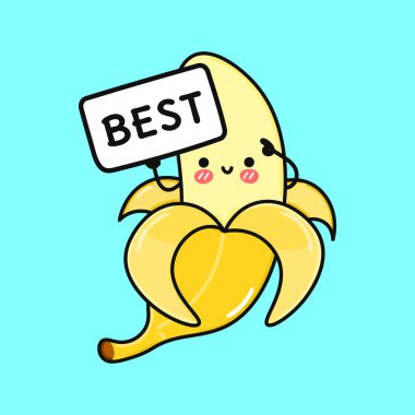 Posterli şirin muz. Vektör el çizimi çizgi film kawaii karakter çizimi simgesi. Mavi arka planda izole edilmiş. Muz konsepti düşün