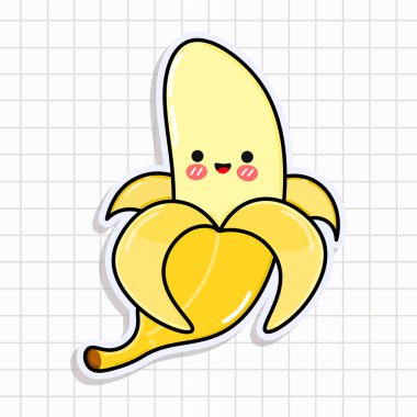 Şirin, komik muz etiketi. Vektör el çizimi çizgi film kawaii karakter çizimi simgesi. Arka planda izole edilmiş. Mutlu Muz Kartı karakter kavramı