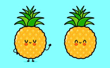 Ananas karakteri. Vektör el çizimi çizgi film kawaii karakter çizimi simgesi. Mavi arka planda izole edilmiş. Mutlu Ananas karakteri konsepti