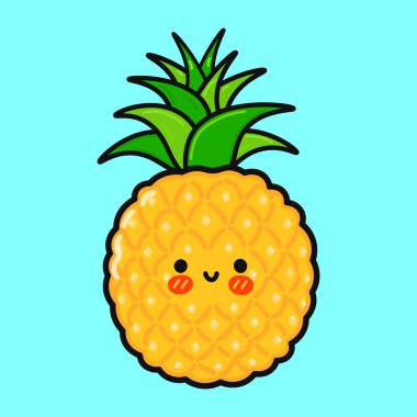Ananas karakteri. Vektör el çizimi çizgi film kawaii karakter çizimi simgesi. Mavi arka planda izole edilmiş. Ananas karakteri kavramı