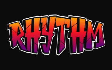 Ritim kelimesi psikedelik graffiti tarzı harfler. Vektör el çizimi karikatür logosu Rhythm çizimi. Komik garip mektuplar, moda, tişört için graffiti tarzı baskı, poster.