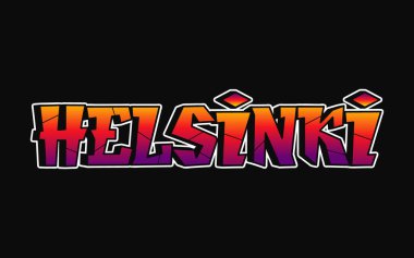 Helsinki şehri kelimesi psikedelik graffiti tarzı harfler. Vektör el çizimi çizgi film logosu Helsinki illüstrasyonu. Komik garip mektuplar, moda, tişört için graffiti tarzı baskı, poster.