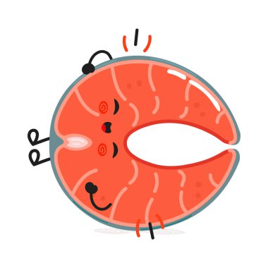 Kırmızı balık somonu karakterine güler. Vektör el çizimi çizgi film kawaii karakter çizimi simgesi. Beyaz arka planda izole edilmiş. Kırmızı balık somon karakteri kavramı