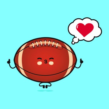 Ragbi topu konuşma balonuyla yoga yapıyor. Vektör el çizimi çizgi film kawaii karakter çizimi simgesi. Mavi arka planda izole edilmiş. Aşk karakteri kavramında ragbi topu