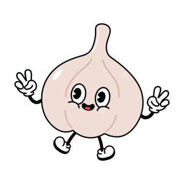 Tatlı zıplayan sarımsak karakteri. Vektör el klasik çizgi film antika Kawaii karakter çizimi ikonu çizdi. İzole edilmiş beyaz arka plan. Sarımsaklı karakter atlayışı