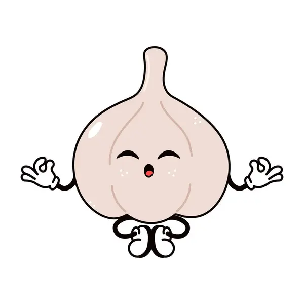 stock vector Cute funny Garlic doing yoga character. Vector hand drawn traditional cartoon vintage, retro kawaii character illustration icon. Isolated white background. Garlic character concept