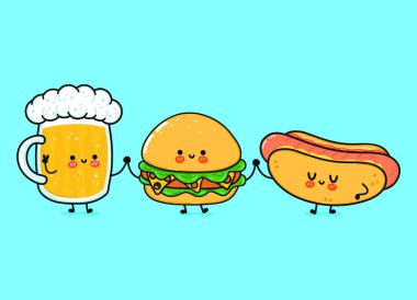Sevimli, neşeli bir bardak bira, sosisli ve hamburger. Vektör el çizimi çizgi film kawaii karakterleri, illüstrasyon simgesi. Komik çizgi film bardakları, sosisli sandviç ve hamburger maskotu arkadaş konsepti.