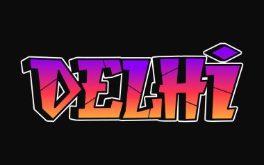 Delhi sözcüğü, psikedelik graffiti tarzı harfler. Vektör el çizimi, Delhi illüstrasyon karikatür logosu. Komik garip mektuplar, moda, tişört için graffiti tarzı baskı, poster.