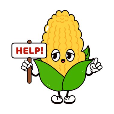 Yazılı şirin komik mısır karakteri. Vektör el geleneksel çizgi film klasiği, retro, kawaii karakter simgesi çizdi. İzole edilmiş beyaz arka plan. Mutlu Mısır karakteri