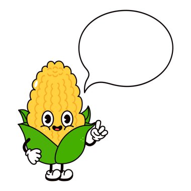 Yazı karakteri olan şirin, komik bir mısır. Vektör el geleneksel çizgi film klasiği, retro, kawaii karakter çizimi ikonu çizdi. İzole edilmiş arka plan. Mısır karakteri