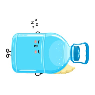 Tatlı komik plastik su şişesi uyuyan karakter. Vektör el çizimi çizgi film kawaii karakter çizimi simgesi. Beyaz arka planda izole edilmiş. Mutlu Plastik Su Şişesi Uyku Karakteri Konsepti