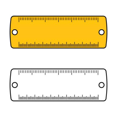 Komik, sevimli, mutlu cetvel karakter seti. Vektör el çizimi çizgi film kawaii karakter çizimi simgesi. Şirin cetvel. Çizgi film resimleme kitabı