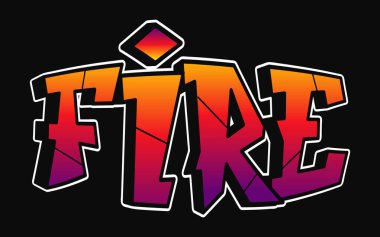 Ateş sözcüğü psikedelik graffiti tarzı harfler. Vektör el çizimi karalama çizgi film logosu Ateş illüstrasyonu. Komik garip mektuplar, moda, tişört için graffiti tarzı baskı, poster.