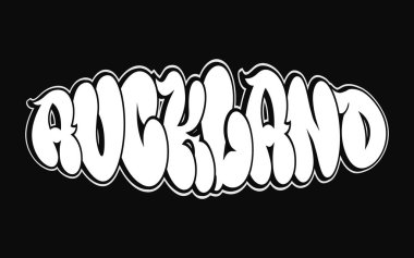 Auckland dilinde tuhaf psikedelik graffiti tarzı harfler. Vektör el çizimi karikatür logosu Auckland çizimi. Komik garip mektuplar, moda, tişört için graffiti tarzı baskı, poster.