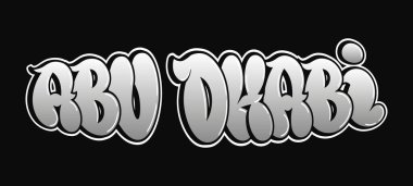 Abu Dhabi kelimesi psikedelik graffiti tarzı harfler. Vektör el çizimi karikatür logosu Abu Dabi illüstrasyonu. Komik garip mektuplar, moda, tişört için graffiti tarzı baskı, poster.